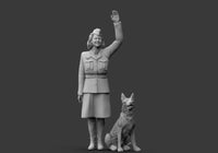 3D model of a woman in uniform with a dog on a gray background
